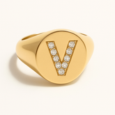 "V" 9ct yellow gold diamond set initial V signet ring
